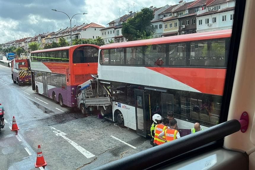 Drivers taken to hospital after 2 buses, lorry collide in Pasir Ris