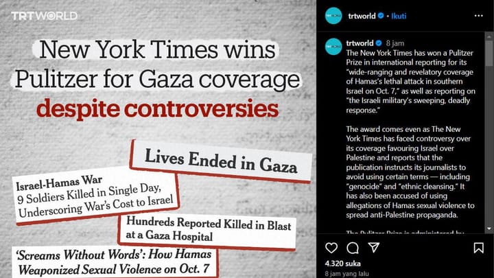 Kontroversi Penghargaan Pulitzer untuk Artikel New York Times Bernada Propaganda Anti-Palestina