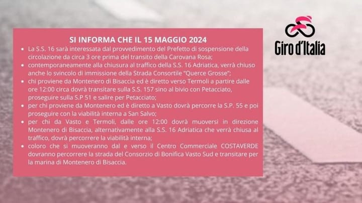 Giro d'Italia: viabilità sulla statale 16 e dintorni nel territorio di Montenero