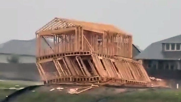 Watch: Hurricane-force winds topple budding dream home like popsicle sticks during Houston derecho